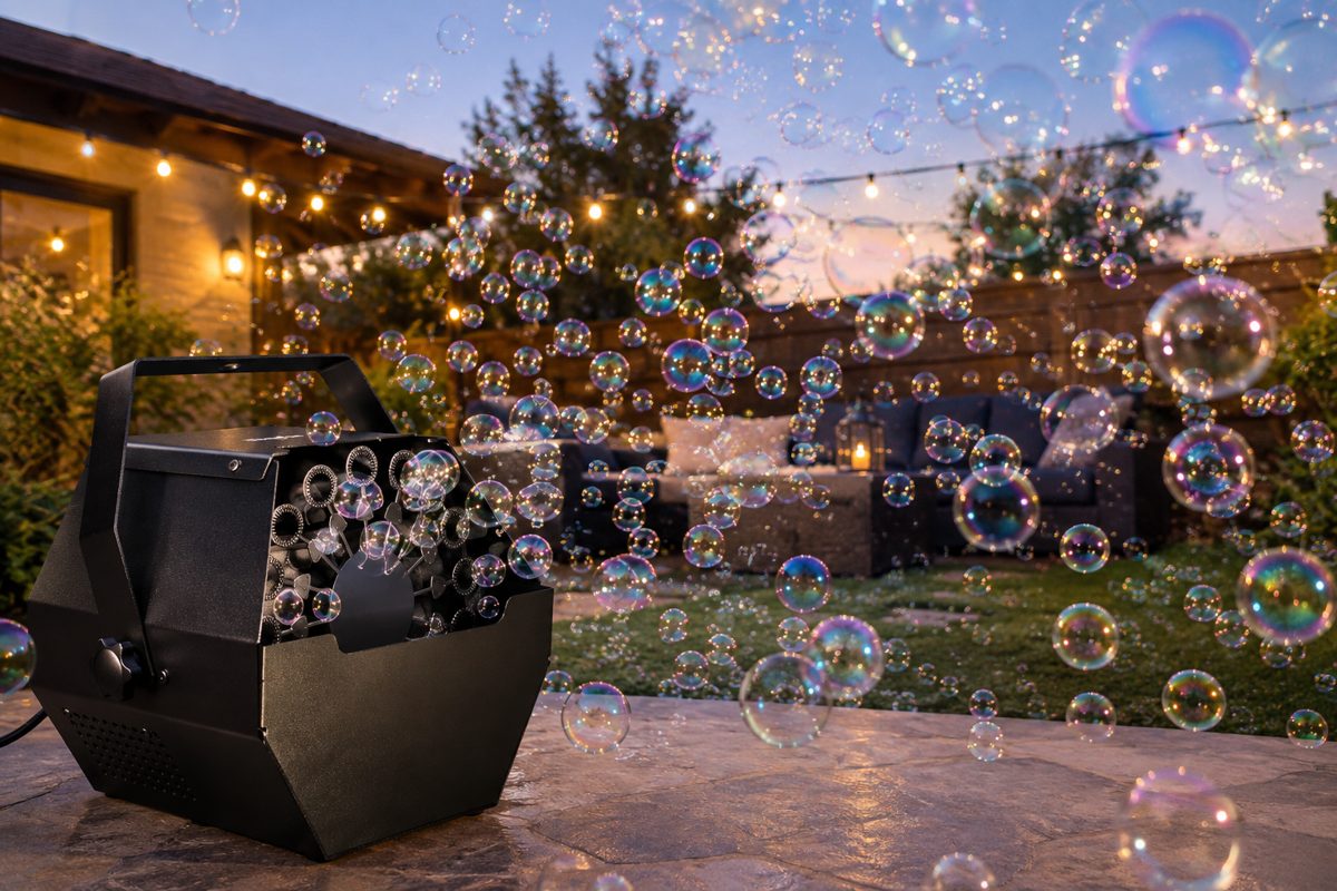 Bubble machine filling a backyard patio with bubbles at dusk
